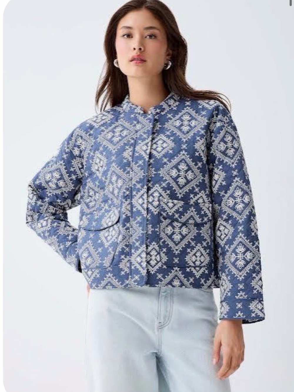 Cozy cottage with pockets! Quilted Oversized Blue Bomber Jacket
